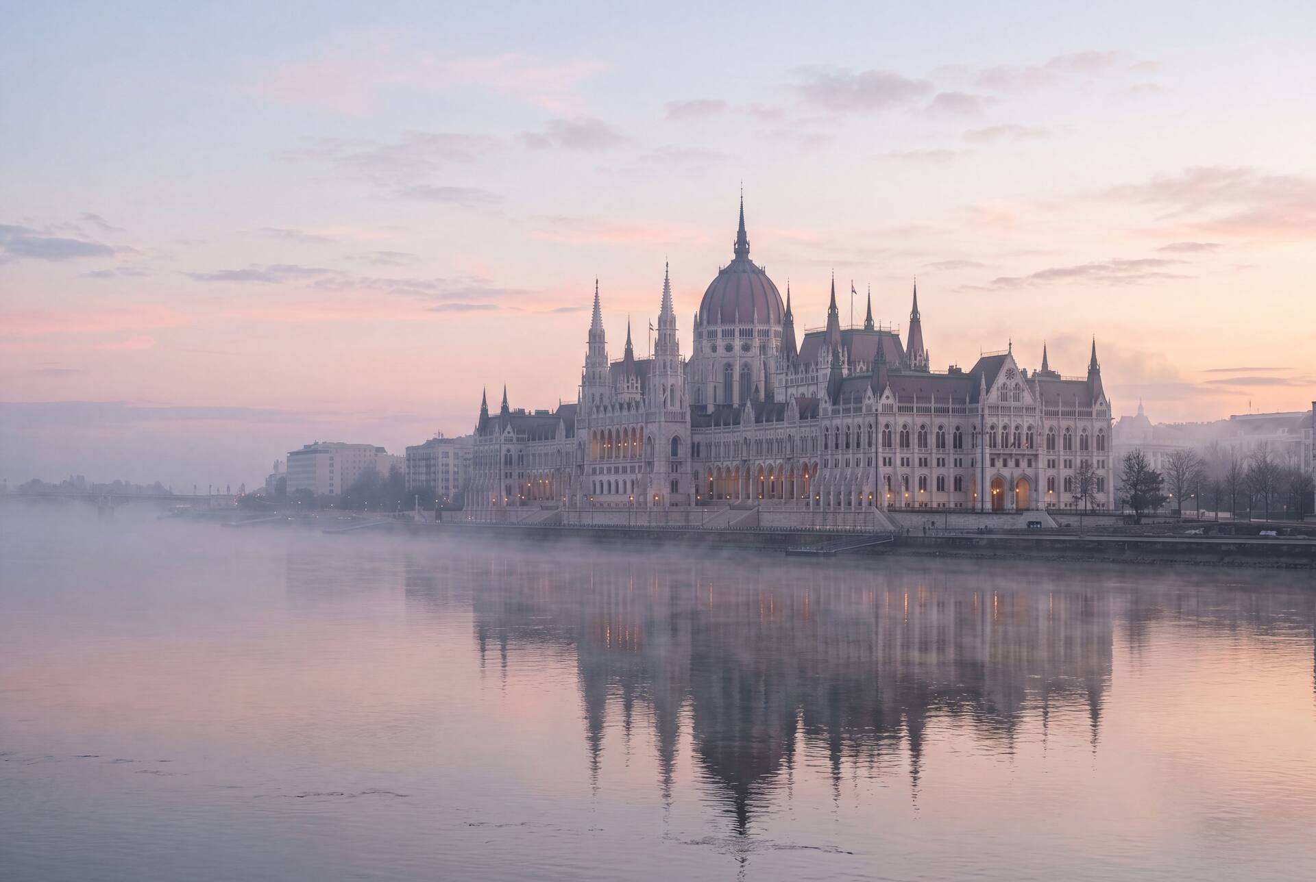 The Danube and Hungarian Parliament in Budapest at soft dawn light